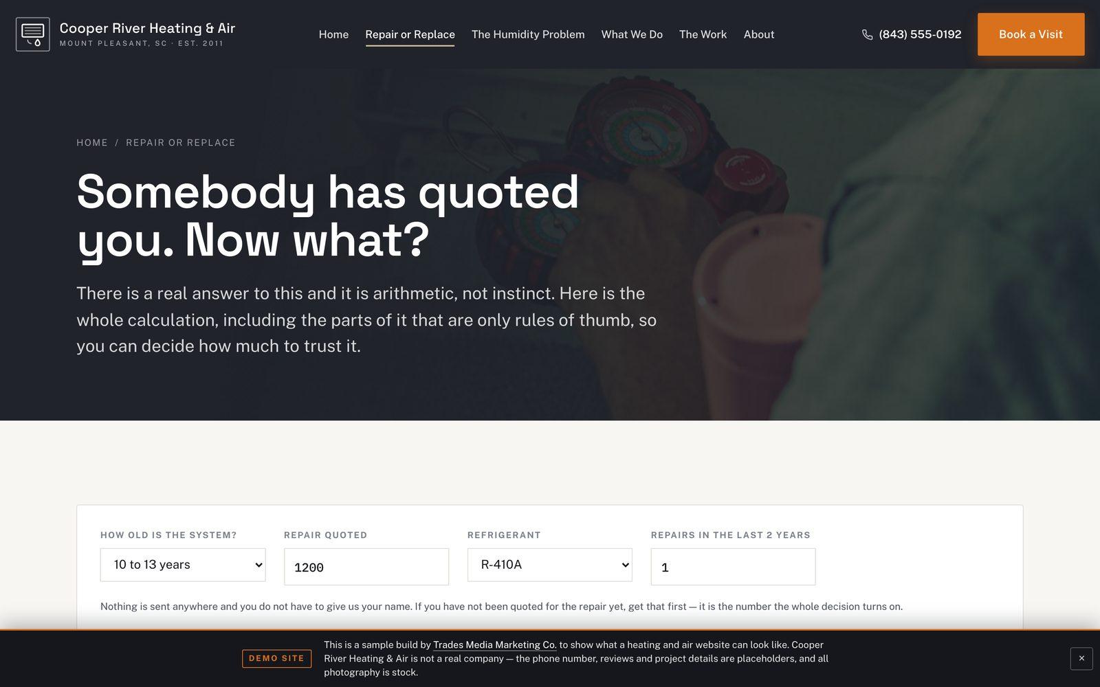 The Cooper River repair-or-replace page: the heading 'Somebody has quoted you. Now what?' above inputs for system age, repair quoted, refrigerant type and recent repairs.