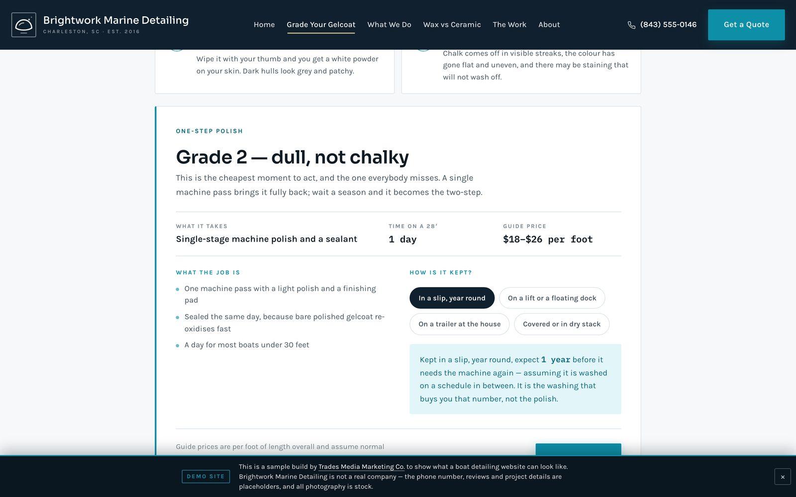 The Brightwork gelcoat grading tool showing a Grade 2 result — single-stage machine polish and a sealant, one day on a 28-footer, $18 to $26 per foot.