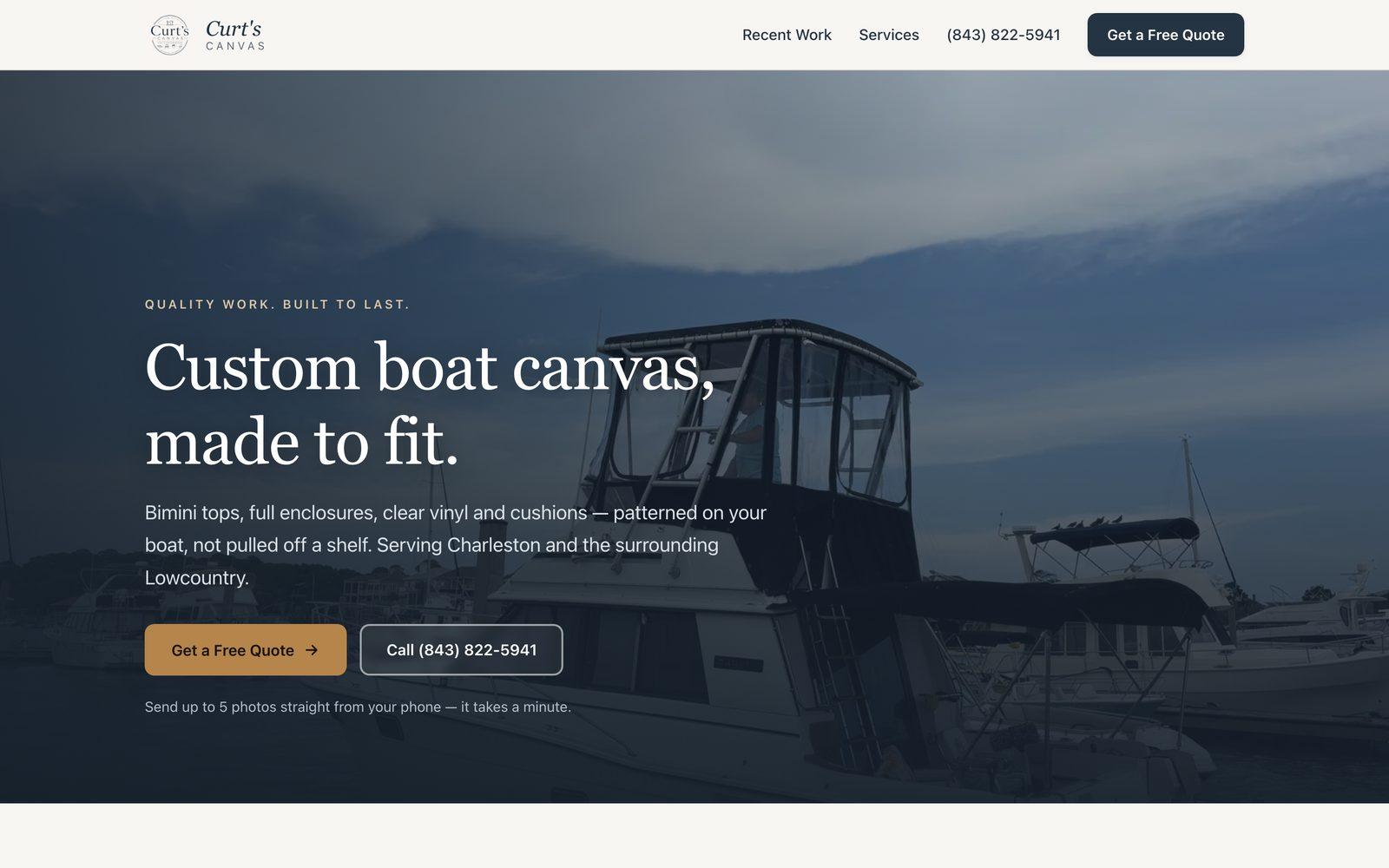 Curt's Canvas website on a desktop screen, showing the full-width hero photograph of a boat with custom canvas work, the navigation, and the 'Get a Free Quote' button.