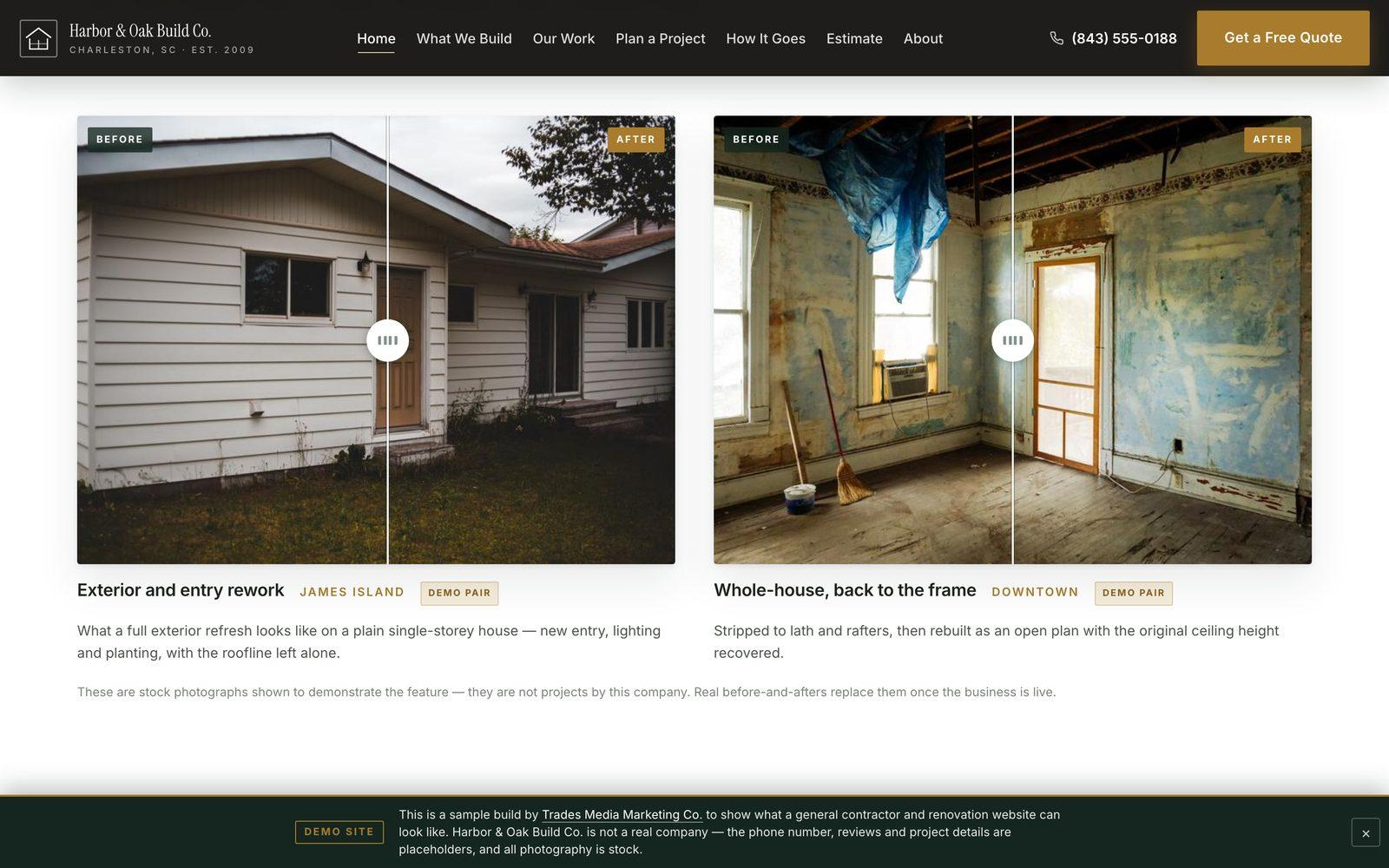 Two before-and-after sliders on the Harbor & Oak site, each with a drag handle part-way across, showing an exterior rework and a room stripped back to the frame.