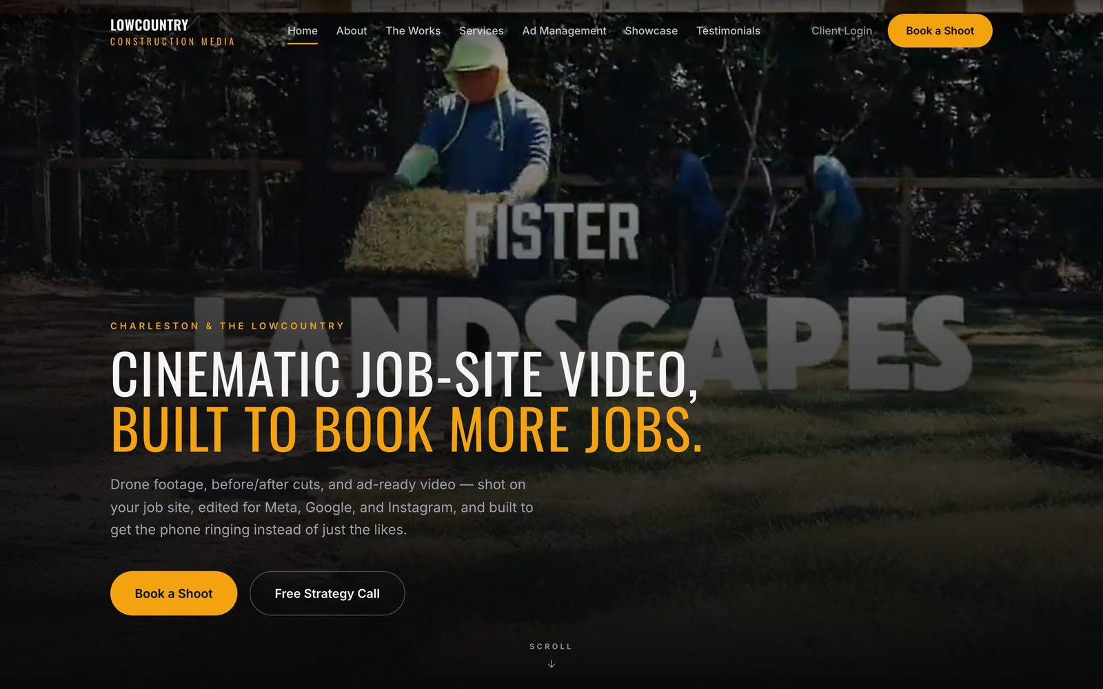 The Lowcountry Construction Media website: the headline 'Cinematic job-site video, built to book more jobs' over a still of a crew laying sod on a job site.