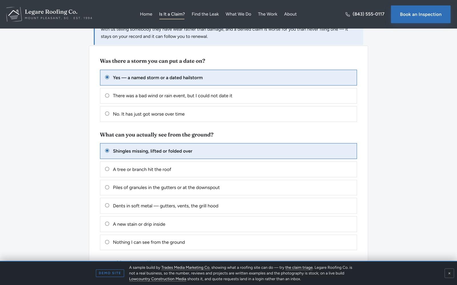 The Legare Roofing claim triage: the first two questions an adjuster asks — was there a storm you can put a date on, and what can you actually see from the ground — each with its answers listed, 'a named storm or a dated hailstorm' and 'shingles missing, lifted or folded over' selected.